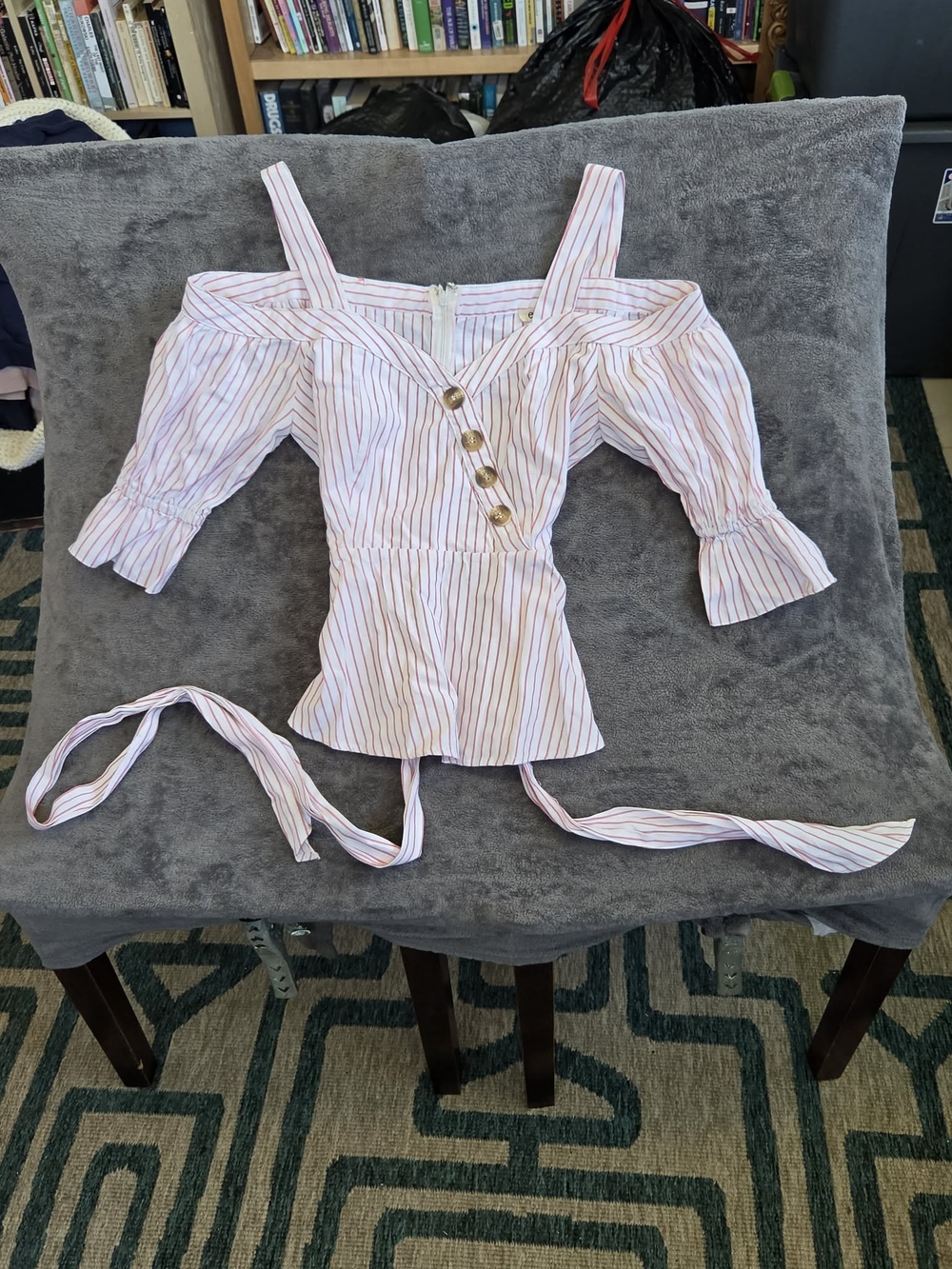 Y2K essue Pink and White Striped Off-Shoulder Peplum Top with Belt